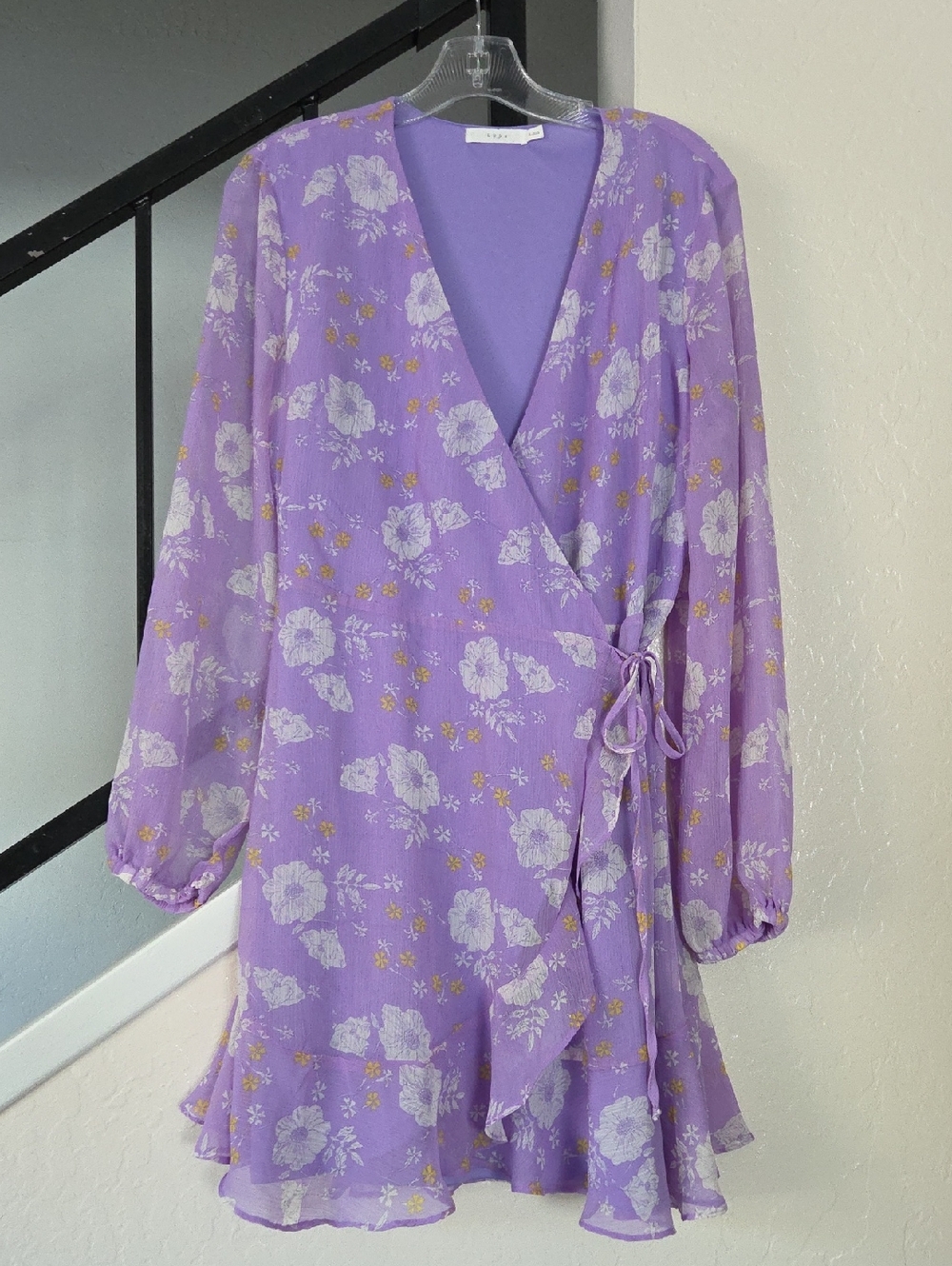 Lush Lavender Floral Wrap Dress Long Sleeve Ruffled Size Large